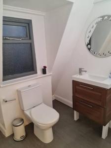uma casa de banho com um WC, um lavatório e um espelho. em Top floor Warren st flat. em Londres