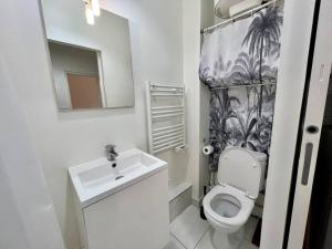 uma casa de banho com um lavatório, um WC e um espelho. em Le Multipliant em Montpellier