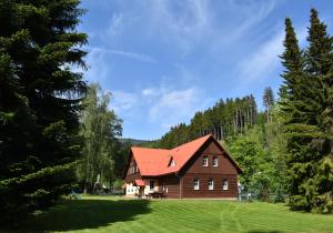 a house with a red roof on a green field at Black Hill Apartments in Lauterwasser