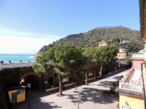 una calle en una ciudad con una montaña en el fondo en La Porta delle 5 Terre Trilocali, en Bonassola