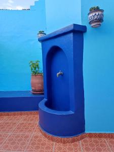 a blue wall with potted plants in a room at Appartement dans la médina in Asilah