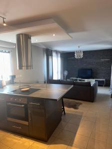 a kitchen and living room with a stove and a couch at Superbe appartement tout équipé avec parking. in Marseille