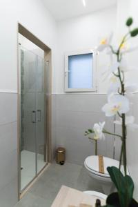 a bathroom with a shower and a toilet and a window at Arco Alto Rooms in Bari
