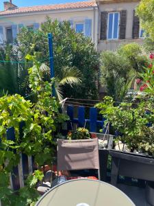 un tavolo e sedie in un giardino con piante di les hauts de malmousque a Marsiglia