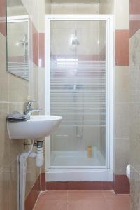 ein Bad mit einem Waschbecken und einer Dusche mit einem Fenster in der Unterkunft LG fond de cour F1 in Drancy