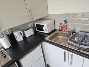 a kitchen counter with a sink and a microwave at Lovely Apartment in Swansea in Swansea