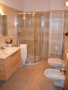 a bathroom with a shower and a toilet and a sink at Agriturismo Gradec in Aurisina