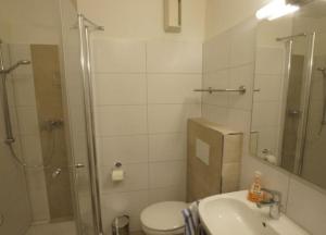 ein Bad mit einer Dusche, einem WC und einem Waschbecken in der Unterkunft Lüttjer Strandloper in Wangerooge
