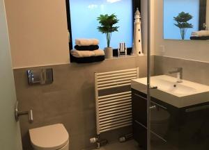 ヴァンガーオーゲにあるWellenspiel - einmalige Atmosphäre mit Rosengartenのバスルーム(トイレ、洗面台、鏡付)