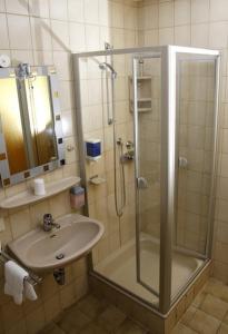 un bagno con doccia e lavandino di Hotel Restaurant Pempel a Großalmerode
