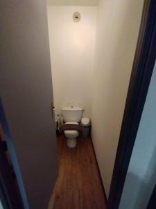 een kleine badkamer met een toilet en een houten vloer bij Apartamento Agradable in Tarbes