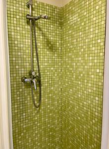 uma casa de banho com um chuveiro de azulejos verdes e uma cabeça de chuveiro. em The Old Village Studio Vilamoura em Vilamoura