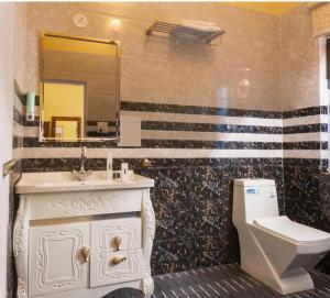 a bathroom with a sink and a toilet and a mirror at Riva dreams in Dharamshala +12 photos