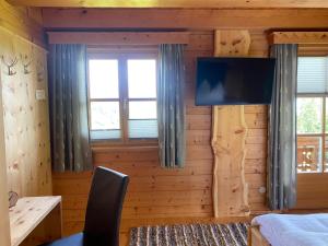 ein Schlafzimmer mit einer Holzwand, einem TV und einem Bett in der Unterkunft Bio Bauernhof Perneißl Apartment in Bischofshofen