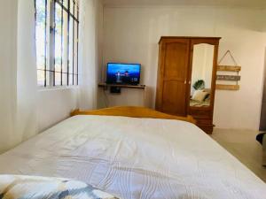 - une chambre avec un lit, une télévision et une fenêtre dans l'établissement Ecozy studio, à Mahébourg