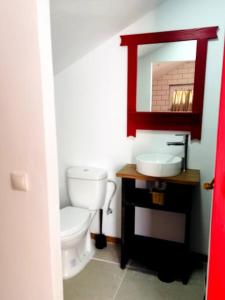a bathroom with a toilet and a sink and a mirror at El puente de lata 2 in Granada