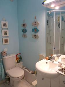 La salle de bains est pourvue de toilettes, d'un lavabo et d'une douche. dans l'établissement Studio avec vue sur mer à Granville. Plage à 3 min, à Granville