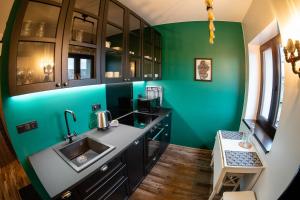 a bathroom with a sink and a green wall at Apartmány U Hrocha in Citice