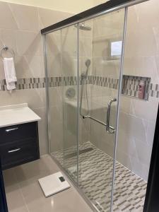 a shower with a glass door in a bathroom at Catch a Vibes Bolt! - Ocho Rios in Ocho Rios