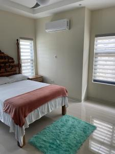 a bedroom with a bed and a green rug at Catch a Vibes Bolt! - Ocho Rios in Ocho Rios