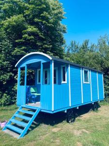 un vagón de tren azul sentado en un campo en Pipowagens bij Pannenkoekenrestaurant & Camping De Koppenjan 'Een uniek verblijf met kinderspeelboerderij', en Jubbega-Schurega