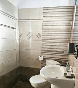 een badkamer met een toilet en een wastafel bij Babis & Popi Rooms and Studios in Frangokastello