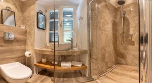 a bathroom with a shower and a toilet and a sink at Joe in Čilipi +18 photos