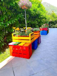 a garden with colorful crates of flowers and an umbrella at Le Camerette di Edda in Cassino