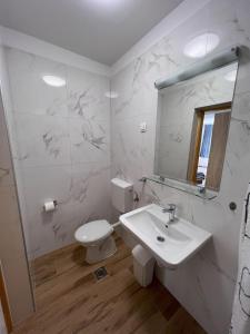 uma casa de banho com um lavatório, um WC e um espelho. em APARTMANI PALME em Funtana