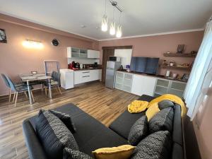 a living room with a couch and a kitchen at Dorina Wellness Apartman in Siófok +89 photos