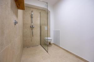 La salle de bains est pourvue d'une cabine de douche et de toilettes. dans l'établissement Villa Emina sa privatnom Plažom i Parkingom, à Neum
