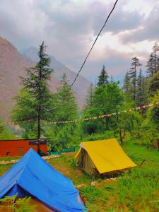 uma tenda e uma tenda montada num campo em Shanti People Huts & Camp em Kasol