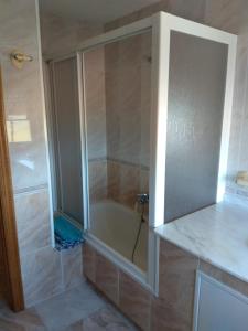 y baño con ducha y puerta de cristal. en Apartamento O CASAL, en O Grove