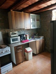 a kitchen with wooden cabinets and a stove and microwave at Holiday Home Maarata in Krushuna