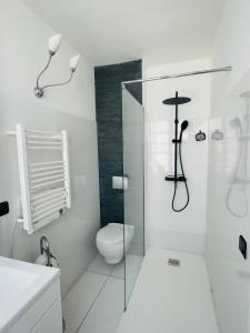 ein weißes Bad mit einem WC und einer Dusche in der Unterkunft Corner cocoon in the center of La Rochelle in La Rochelle