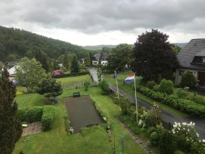 een uitzicht op een tuin met een vlag en een straat bij fun4all-holidayhome in Medebach
