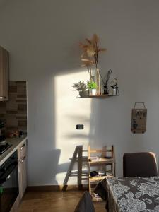 een keuken met een tafel met een potplant aan de muur bij B&b Vesuviano in Ercolano
