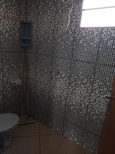 baño con aseo y pared de azulejos en Chalé Nascer do Sol, en São Thomé das Letras