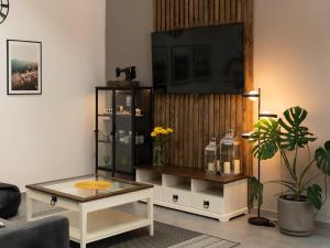a living room with a tv and a coffee table at Apartament MT Badger Centrum in Ustrzyki Dolne