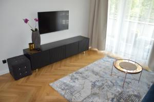 sala de estar con TV de pantalla plana y mesa en Almi Apartment, Villa Moderno z podziemnym parkingiem en Toruń