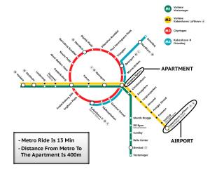 a map of the metro ride is min distance from metro to the agreement is at Modern 3BR Duplex Apartment in Nyhavn w Private Balcony in Copenhagen