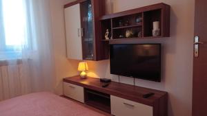 een slaapkamer met een flatscreen-tv aan de muur bij Apartments Radović in Labin