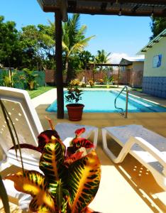 two butterflies sitting on a chair next to a pool at El Arrecife Martin Pescador in Taxisco