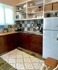 SeaTerra Boutique suite في أثينا: مطبخ مع ثلاجة بيضاء ودواليب خشبية