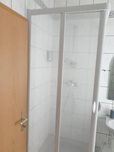 una puerta de ducha de cristal en un baño con lavabo en FeWo Nina, en Weissenfels