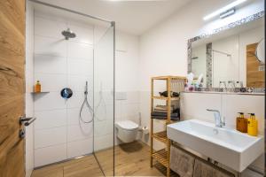 a bathroom with a sink and a glass shower at Ferienwohnungen Assenmacher mit Sauna in Altenahr +9 photos