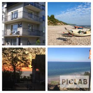 a collage of four pictures of a building and a beach at Martyna-pokoje blisko plaży in Władysławowo
