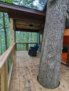 un porche cubierto con un árbol grande en Oak Treehouse Cabin Rustic Luxury Near Asheville, en Marshall