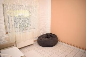 czarna torba z fasolą siedząca w pokoju z oknem w obiekcie Liliom Apartman w mieście Balatonvilágos