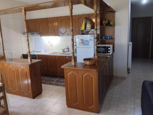 a kitchen with wooden cabinets and a white refrigerator at Aggela House in Ávaton